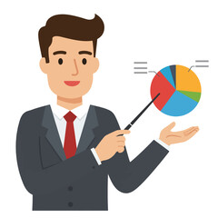 Cartoon man in suit presenting a pie chart with a pointer, gesturing with his hand.