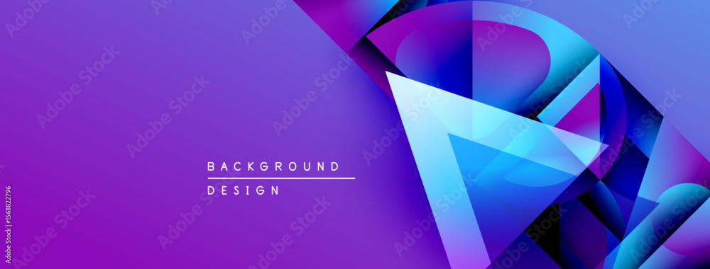 Poster Abstract purple design features layered geometric shapes. Gradient colors create dynamic visual effect. Text reads background design.