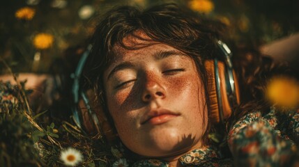Teen girl laying on grass wearing headphones, listening to music, emotional reset atmosphere, peaceful field, introspection moment, sunny mood balance