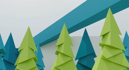 Colorful paper Christmas trees in blue and green tones creating dimensional forest. Modern geometric holiday decoration for contemporary seasonal marketing and design services