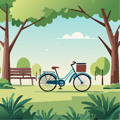 Naklejka premium Whimsical illustration of bicycle resting beside green park bench