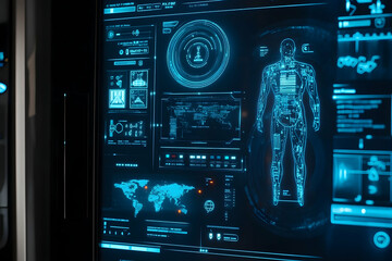 Futuristic Medical Display with Human Body Scan and World Map Da