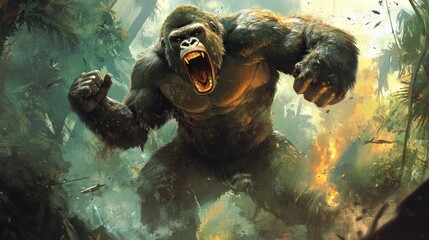 Aggressive gorilla in jungle
