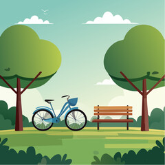 Whimsical illustration of bicycle resting beside green park bench