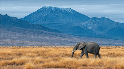 Grey elephant walks through a golden savanna in front of a mountain range.