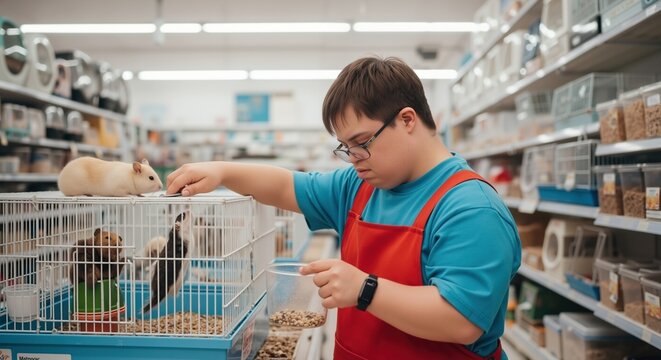 Pet store employee with Down syndrome caring for animals in retail facility. Inclusive employment and disability services concept for pet care businesses and social integration programs