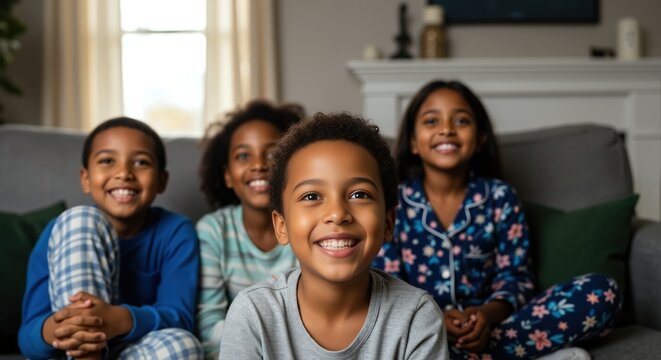 Happy African American children siblings sitting on couch watching television together. Family bonding and entertainment concept for streaming services and home electronics