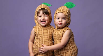 Two adorable children wearing pineapple costumes hugging on purple background. Sweet fruit outfits for Halloween parties and tropical themed celebrations
