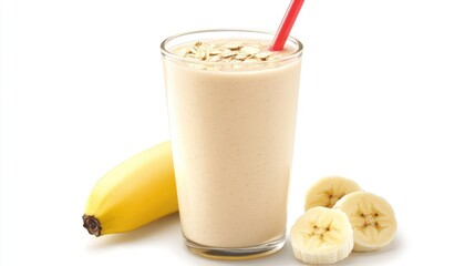 Delicious banana smoothie with oats and straw isolated on white background