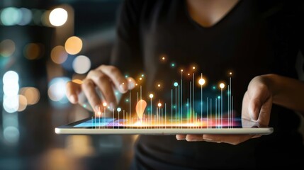 Hands holding a tablet displaying real-time AI data analytics