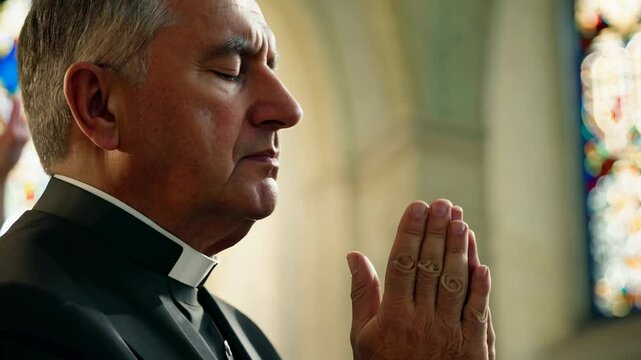 A Middle aged Caucasian Catholic priest prays in a catholic church. The middle-aged priest&rsquo;s prayers uplift the spirit, filling the church with hope.
