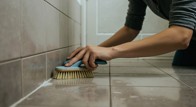 Person scrubbing bathroom tiles with cleaning brush maintaining household hygiene. Deep cleaning and domestic maintenance concept for professional cleaning services