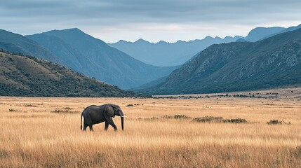 Solitary elephant in a vast, golden savanna landscape.