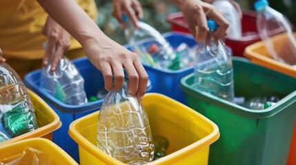 Close-up of Hands sorting recyclables into appropriate bins