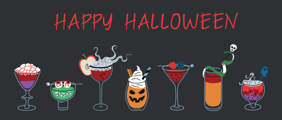 Flat cartoon vector illustration with spooky Halloween drinks and cocktails. Happy Halloween text. Pumpkin cocktail with whipped cream, bubbling potion, creepy party atmosphere, themed beverages