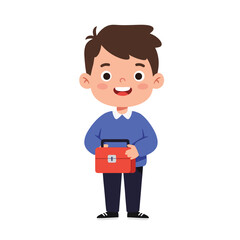 Cartoon boy holding a red toolbox, smiling cheerfully, in a casual pose.