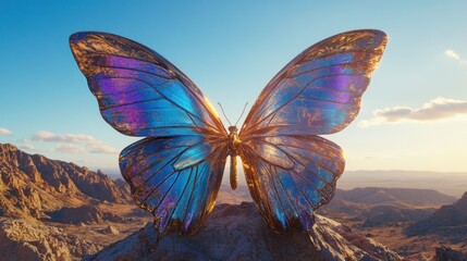 Colorful iridescent butterfly on a mountain