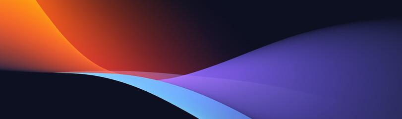 A wide - banner image, with a dark background, features smooth, undulating colorful curves, presenting a simple and abstract artistic geometric landscape.