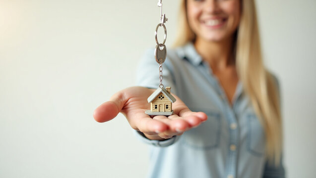 A smiling woman holding out keys, symbolizing home ownership, showcasing a sense of new beginnings and the attainment of the property. 