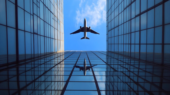 A jet flying above a scyscraper new.