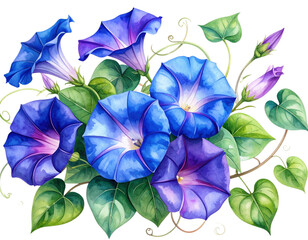 Fototapeta premium Watercolor Morning Glory Bouquet with Twisting Vines, isolated on transparent background