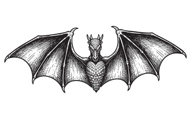 Flying Dragon Bat Creature Vector Engraving Illustration

