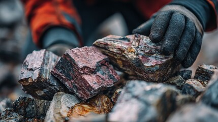 Geologist examining rock samples at a mining exploration site. Featuring sample collection and geological study