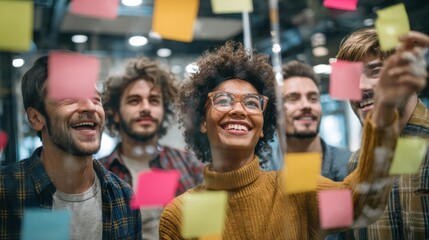 Diverse group of young businesspeople brainstorming with sticky notes on a glass wall while working together in a modern office , no logos, no brands