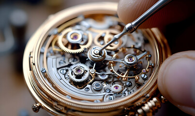 Intricate watch mechanism being assembled with precision tool, c