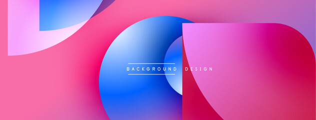 Abstract geometric shapes, vibrant pinks, blues create modern background. Smooth gradients, overlapping forms suggest depth, dynamism.