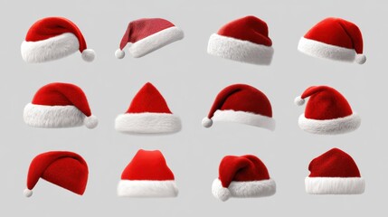 Big set of realistic Santa Hats isolated on transparent background. Vector santa claus hat colllection, holiday cap to xmas illustration, no logos, no brands