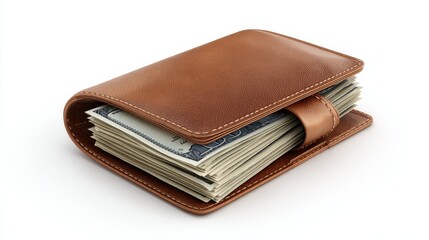 3d illustration. Leather wallet with stack of banknotes. Concept of payment. Isolated white background, no logos, no brands