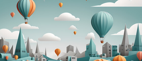 Colorful hot air balloons float above a scenic town with spires and clouds on a bright sunny day Generative AI
