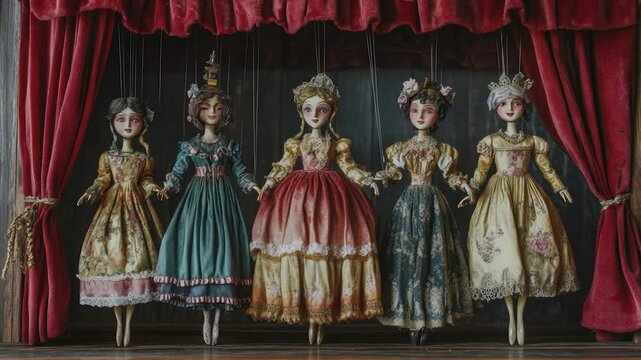 Five antique marionettes in vintage dresses on a wooden stage with red curtains.