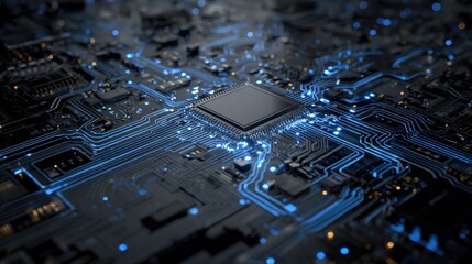 Futuristic Circuit Board with Central Processor. A captivating image of a complex circuit board, showcasing intricate pathways and glowing blue lines.