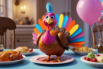 Colorful turkey in a festive dining setting during a holiday celebration with delicious dishes and decorations Generative AI