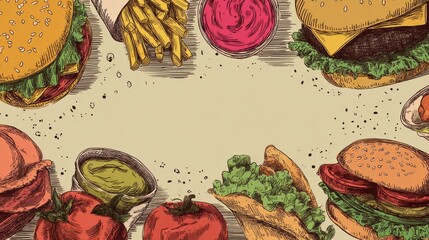 Fast food menu design and fast food hand drawn vector illustration. Cover of fast food menu or restaurant menu template, no logos, no brands