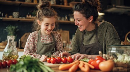 healthy eating, family and people concept - happy mother and daughter cooking vegetables for dinner and having fun at home kitchen, no logos, no brands