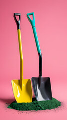 Brightly colored shovels resting on green powder against a pink backdrop create a vibrant contrast Generative AI