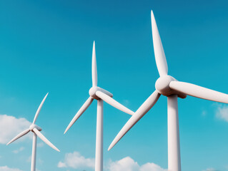 Three white wind turbines stand tall against a clear blue sky, symbolizing clean and renewable energy.
