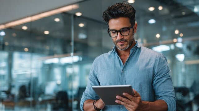 Young indian marketing business manager expert in glasses standing in modern corporate office using digital tablet device searching analyzing project results. Business technologies concept., no logos