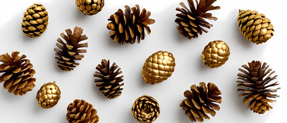 Decorative golden pine cones arranged on a white surface for elegant seasonal displays and craft projects Generative AI