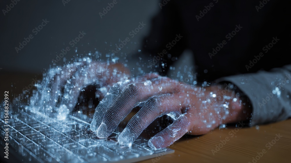 Poster person using keyboard with digital data visualization overlay