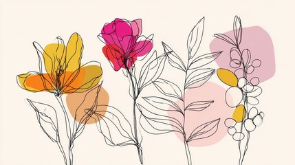 Botanical arts. Hand drawn continuous line drawing of abstract flower, floral, rose, tropical leaves, spring and autumn leaf, bouquet of olives. Vector illustration., no logos, no brands