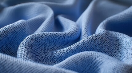 Soft blue mesh fabric with textured pattern, ideal for various applications. intricate weave creates breathable and lightweight material, perfect for clothing and upholstery