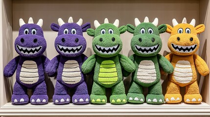 Four colorful plush dragon toys arranged on a shelf.
