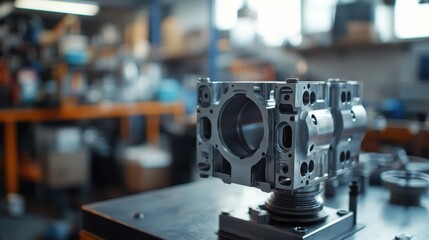 A close-up of a high-performance engine block on a workshop table.