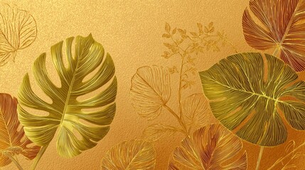 Luxury gold nature background vector. Floral pattern, Golden split-leaf Philodendron plant with monstera plant line arts, Vector illustration., no logos, no brands