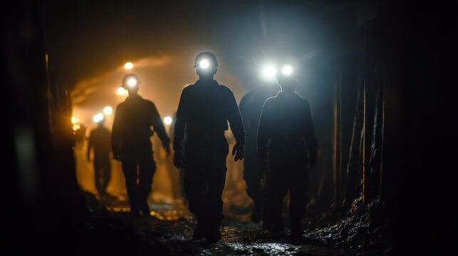 Silhouette of Group of mining labour workers walks through dark underground tunnel coal mine with glowing head lamps