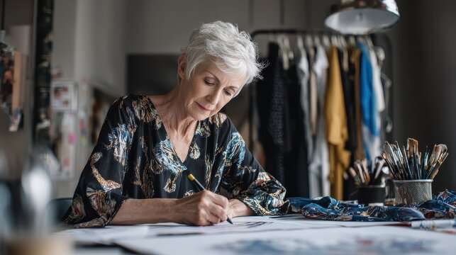 Mature old adult elegant woman fashion designer drawing creative sketches on table. Beautiful sophisticated middle aged grey-haired lady entrepreneur creating new fashion design cloth in atelier., no